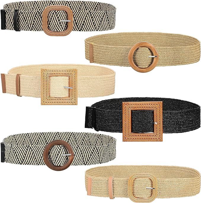 SATINIOR 6 Pieces Straw Woven Stretch Waist Belt Elastic Rattan Belt Straw Buckle Belt for Women ... | Amazon (US)