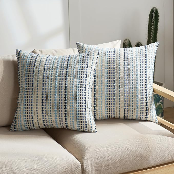 DLZMO Boho Throw Pillow Covers 18x18 Inch Set of 2 Striped Chenille Farmhouse Decorative Cushion ... | Amazon (US)