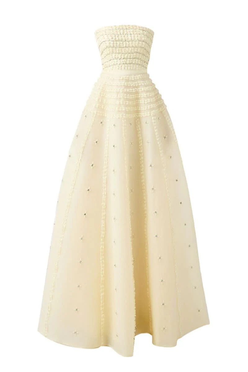 STRAPLESS STONE ORGANZA FLOOR LENGTH BEIGE GOWN | HAPPY CLOTHING | CULT MIA | CULT MIA UK LTD