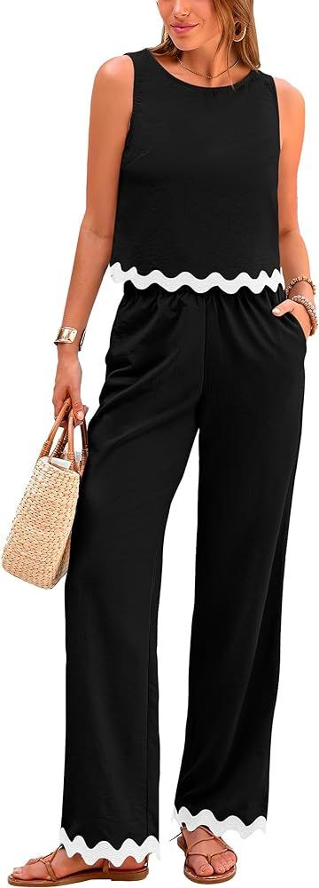 PRETTYGARDEN Women's Summer Casual 2 Piece Outfits Sleeveless Tank Crop Top Wide Leg Pants Sets T... | Amazon (US)