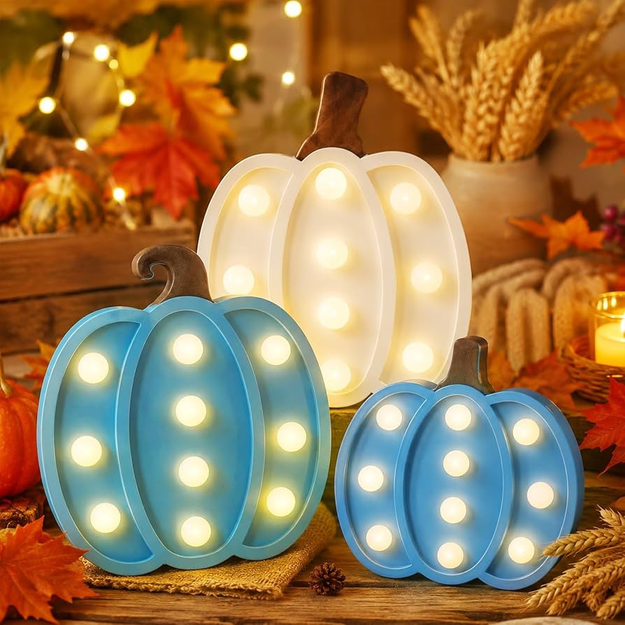 3PCS Light Up Wooden Pumpkins Blue Fall Pumpkin Decor for Home Harvest | Amazon (US)