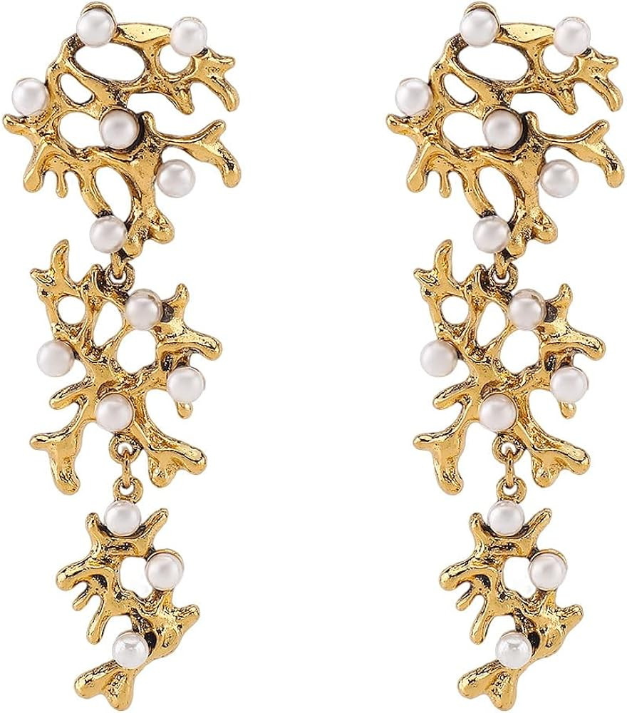 18K Gold Plated Gold Coral Branch Drop Earrings with Imitation Pearl Accents – Ocean-Inspired D... | Amazon (US)