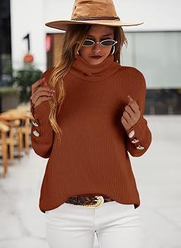 Qiuwon Womens Turtleneck Knit Sweaters Casual Button Long Sleeve Chunky Loose Pullover Jumper Top... | Amazon (US)