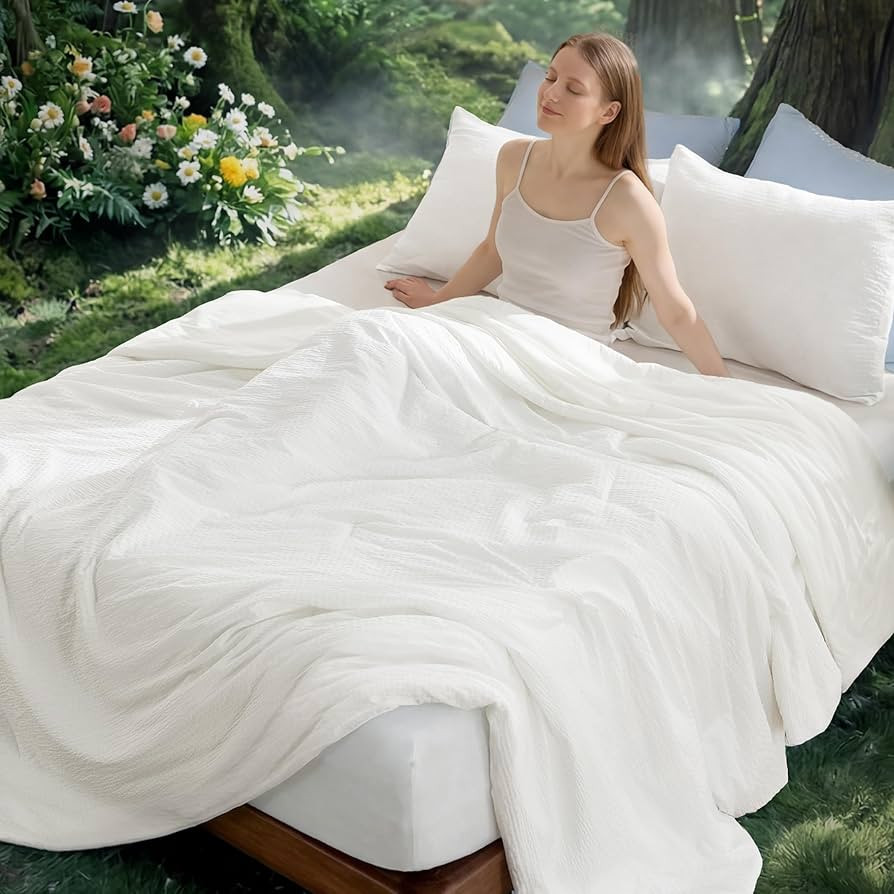 Bedsure SleepEase Cooling Comforter King Size for Summer, 3 Pieces White Seersucker Cooling Comfo... | Amazon (US)