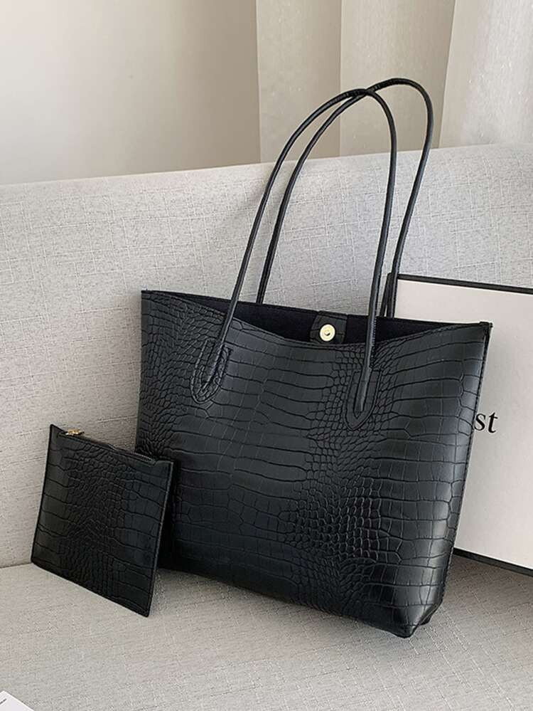 Crocodile Embossed Shoulder Tote Bag With Inner Pouch | SHEIN
