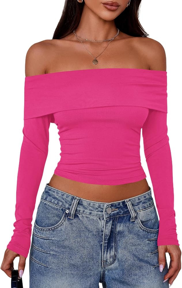 PRETTYGARDEN Off The Shoulder Tops for Women 2025 Long Sleeve Shirts Trendy Going Out Crop Top Sp... | Amazon (US)