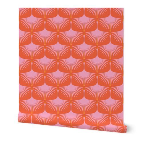 Art Deco Swans - Pink on Red/Orange | Spoonflower