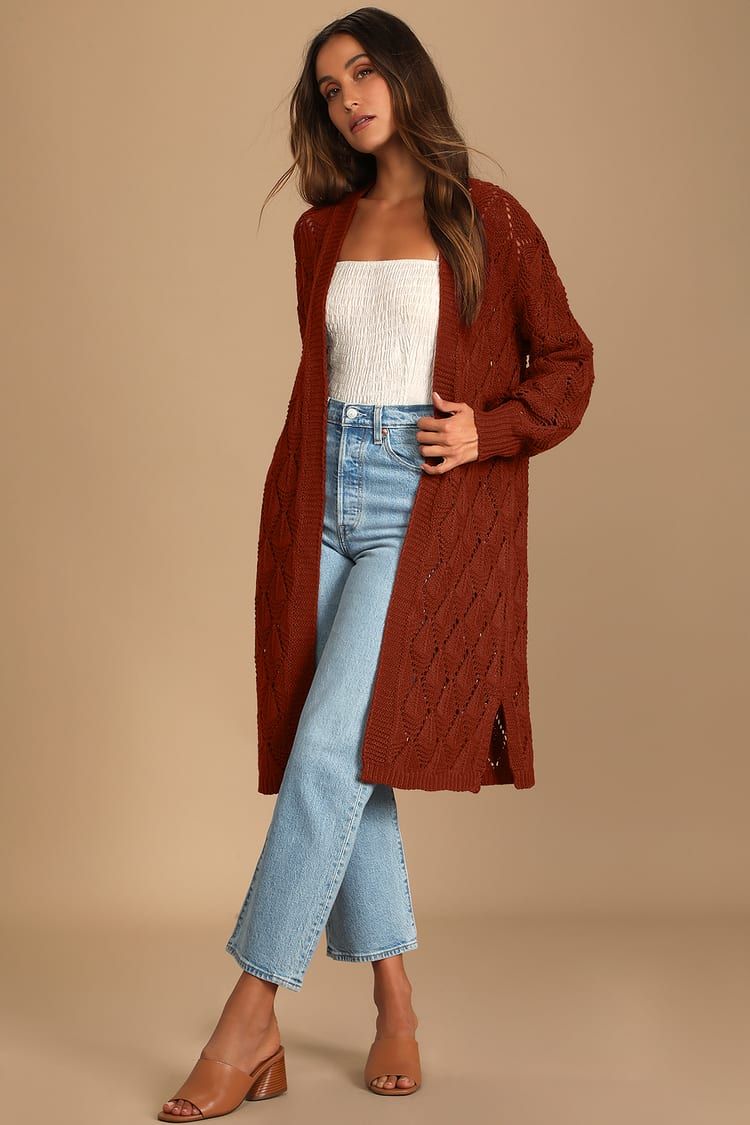 Points to Cozy Rust Red Pointelle Knit Cardigan Sweater | Lulus (US)