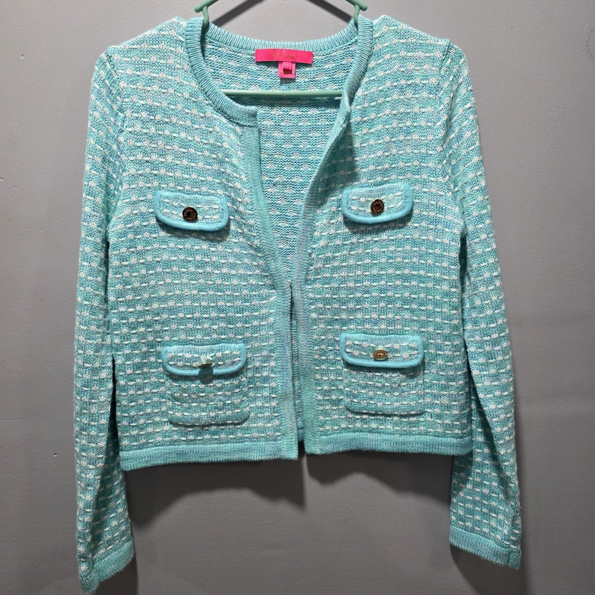 Lilly Pulitzer Kienna Hook-Front Cardigan Womens Size S Aqua Blue Metallic Sheen | eBay US