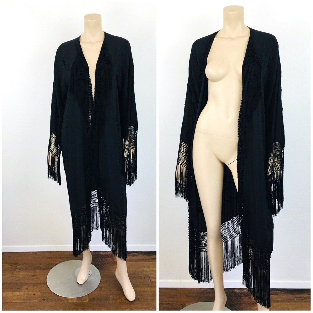 Vintage 1930s Art Deco EMBROIDERED Black PIANO SHAWL Macrame Fringe Duster Jacket / Coat | Etsy (US)