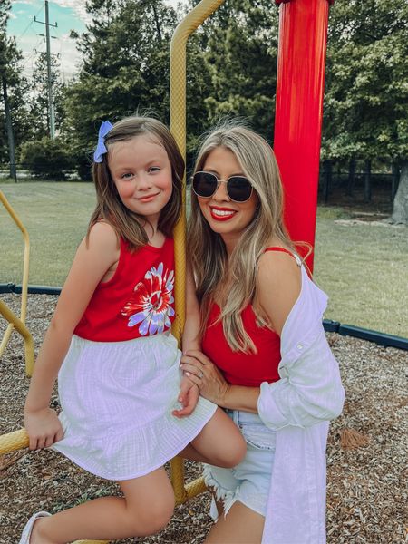 Red, white, and blue casual outfits, mommy and me, matching mommy daughter outfits, white swimsuit cover up, cut off denim shorts, affordable fashion, family fashion, red tank, white cover up, white button down, mini me, amazon sunglasses 

#LTKkids #LTKSeasonal #LTKfamily