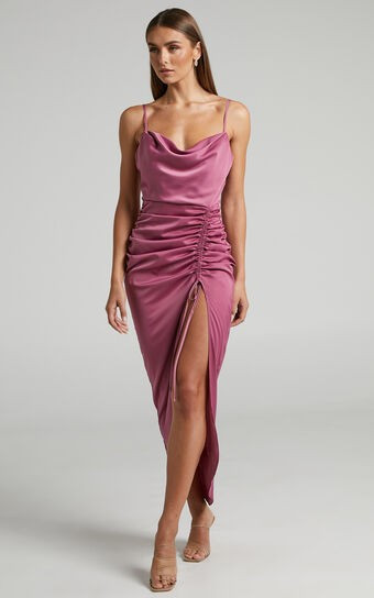 Lieselotte Maxi Dress - Ruched Front Split Cowl Neck Satin Dress in MulBerry | Showpo (US, UK & Europe)