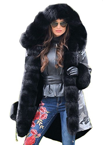 Aoxwomens Womens Winter Coats with Fur Hood Warm Thicken Puffer Jacket Fluffy Trench Long Parka (XX-Large, Black Fur Camo) | Amazon (US)