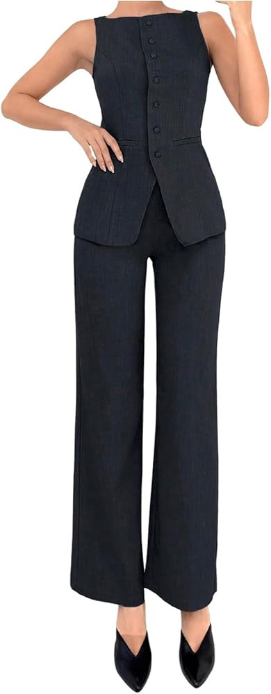 SOLY HUX Women's 2 Piece Business Casual Outfit Button Down Boat Neck Sleeveless Vest and Pants S... | Amazon (US)