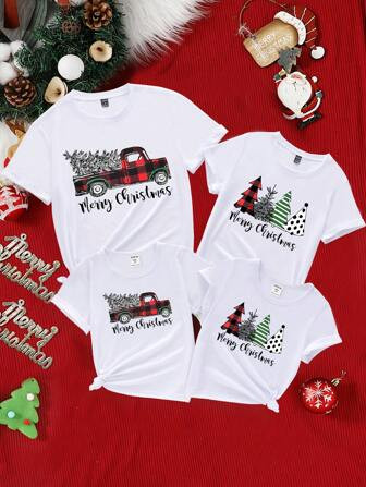 TrendsSHEIN 1pc jonge jongen modieus casual kerstboom vrachtwagen slogan bedrukte T-shirt met kor... | SHEIN