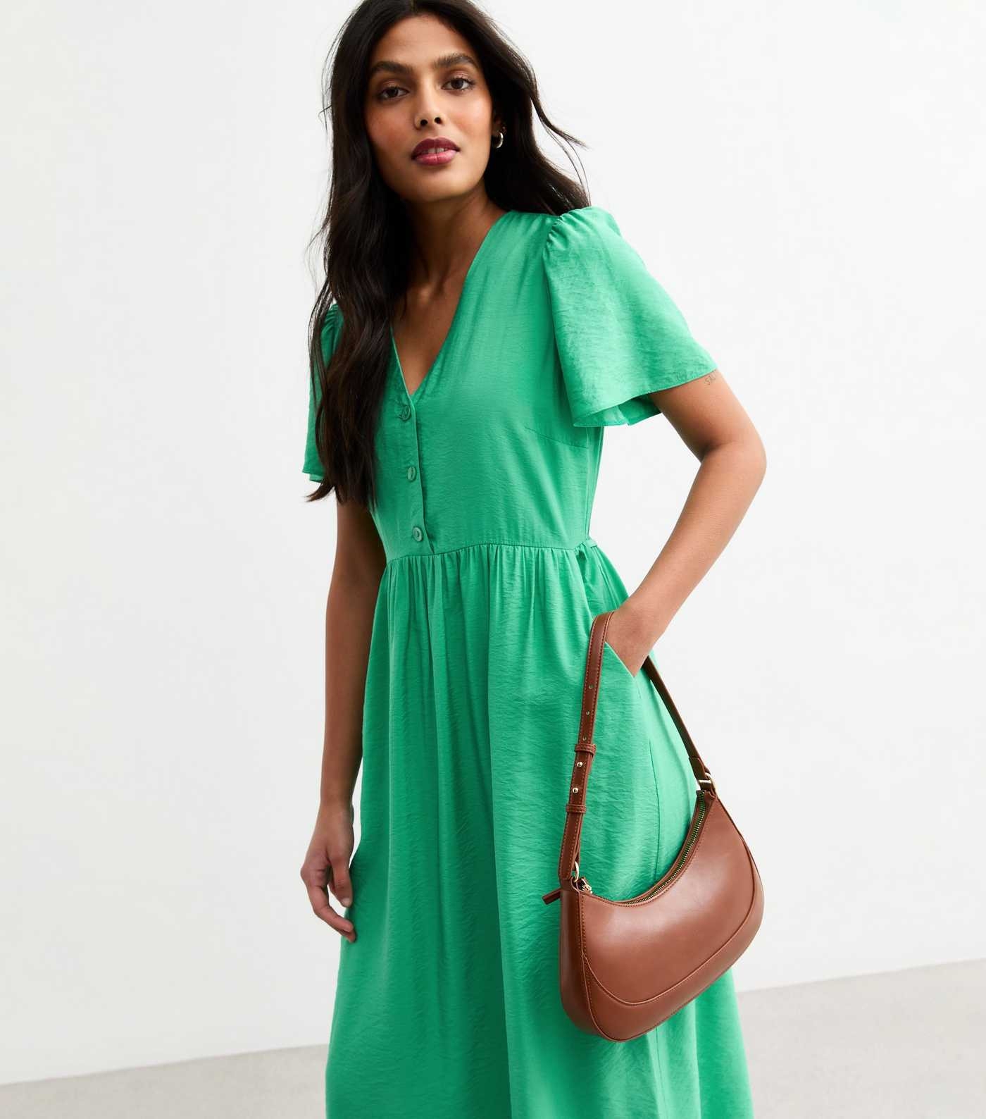 Green Flutter Sleeve Button Front Midi Dress | New Look | New Look (UK)