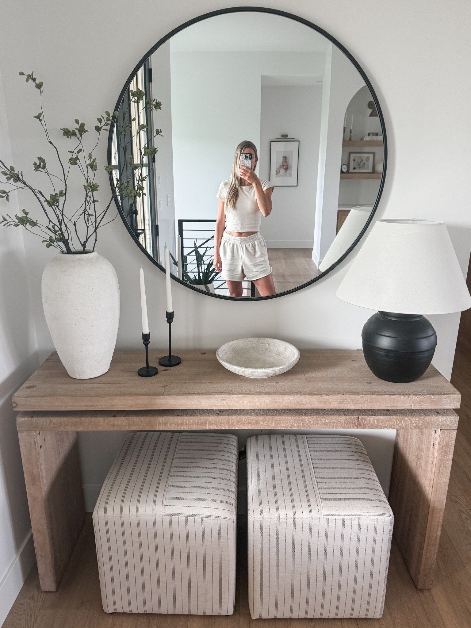 Entryway | console table | ottoman | Wayfair | target | entryway decor | entryway table | entryway inspo | console table decor | organic modern | round mirror | lamp | 

#LTKHome #LTKFindsUnder100 #LTKSaleAlert