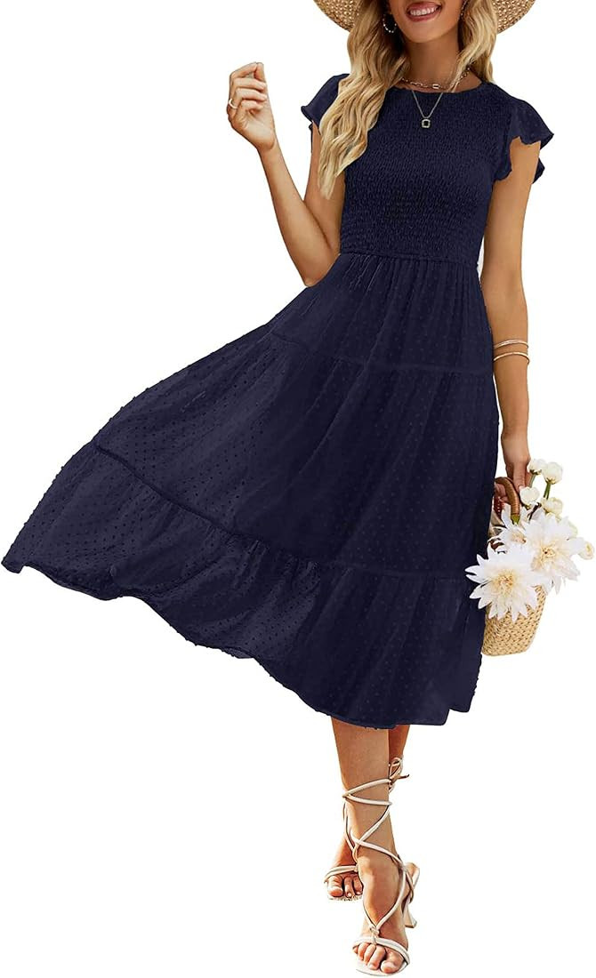 MEROKEETY Women's Summer Flutter Short Sleeve Smocked Midi Dress Swiss Dot Flowy Tiered Dresses | Amazon (US)