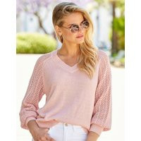 Sosandar Women's Metallic Pointelle Sleeve V-Neck Jumper - Pink, Pink | Marks & Spencer (UK)