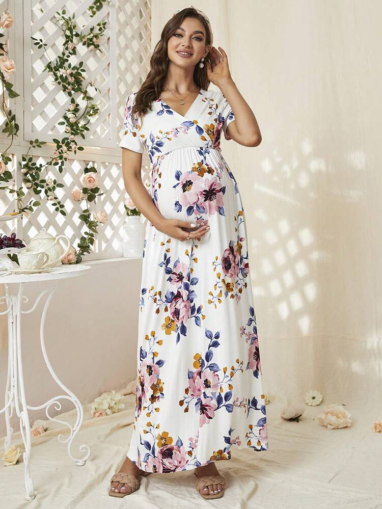 Maternity Allover Floral Print Surplice Neck Dress | SHEIN