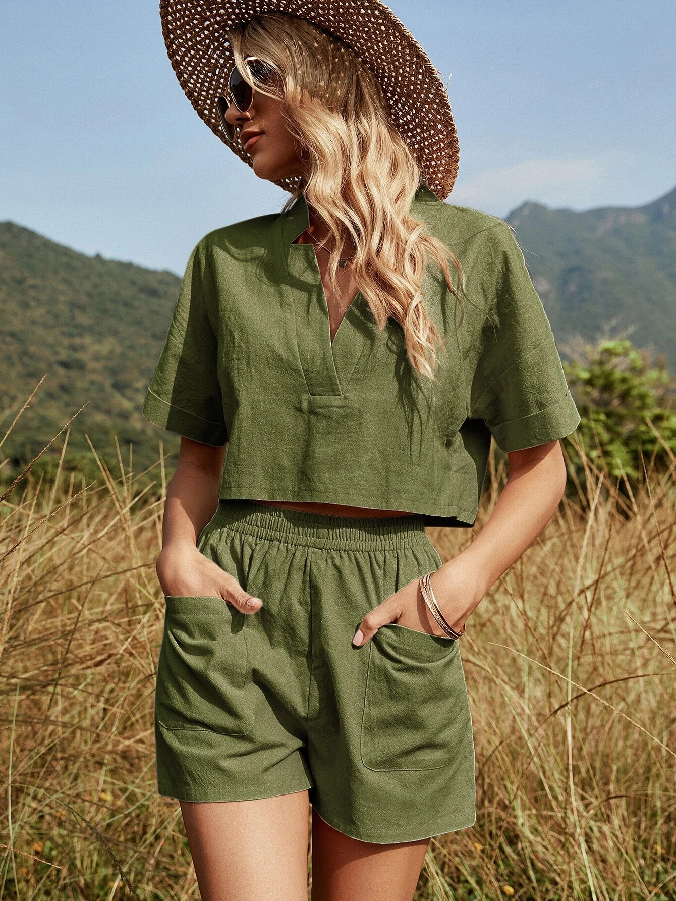 Drop Shoulder Top & Patched Pocket Shorts | SHEIN