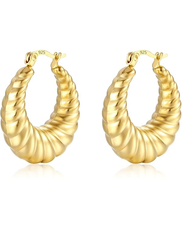 Chunky Gold Hoop Earrings for Women, Hypoallergenic Sterling Silver Post Silver Teardrop Large Ov... | Amazon (UK)