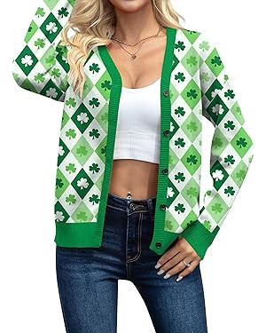 NEWWEN St Patricks Day Cardigan Sweaters for Women Lucky Shamrock Knit Sweater Button Down V Neck... | Amazon (US)