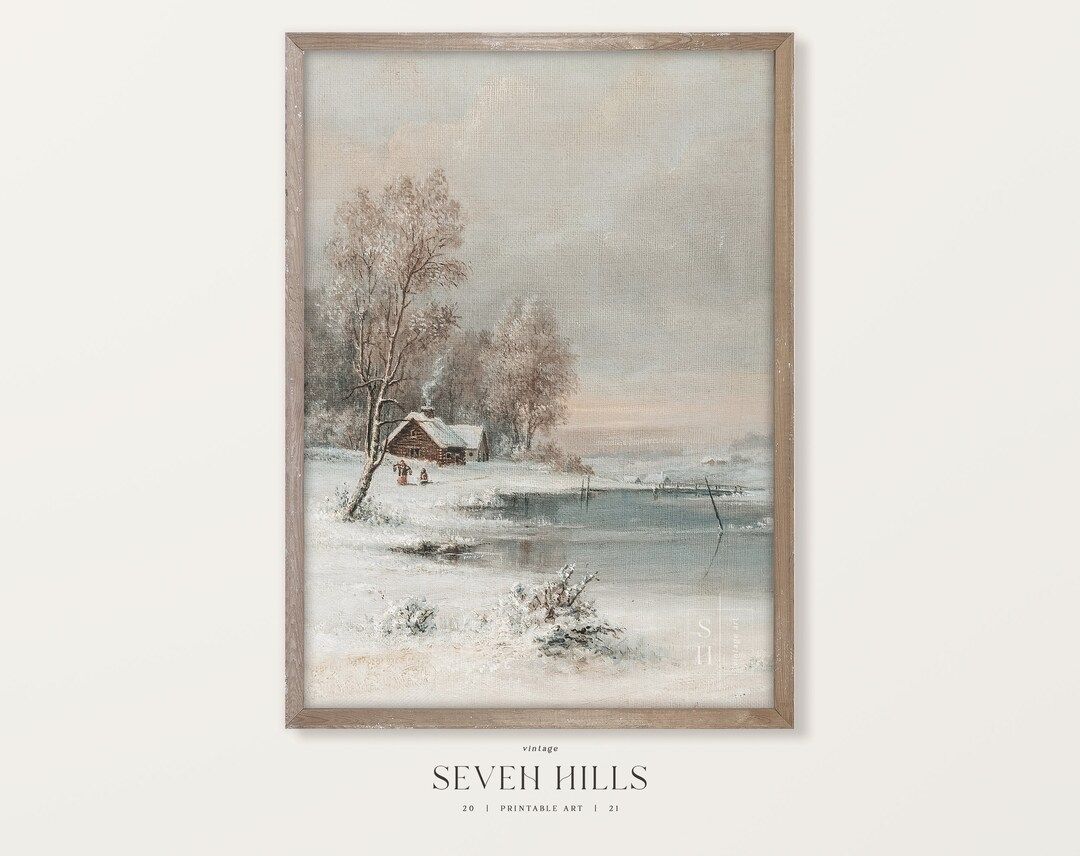 Winter Snowy Painting Vintage Cabin Wall Art Printable - Etsy | Etsy (US)