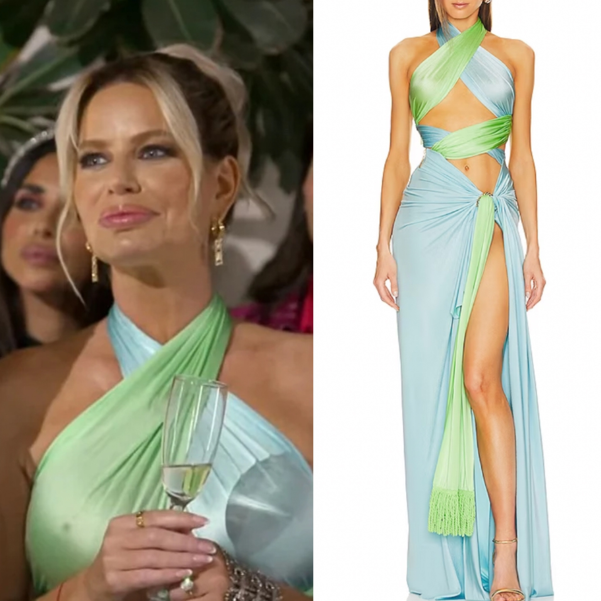 Caroline Stanbury’s Green and Blue Cutout Halter Gown