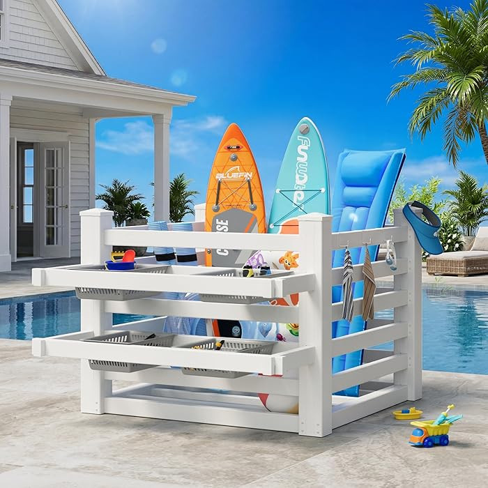 EROMMY 64" W x 46" L x 38" H Pool Storage Organizer with 6 Movable Hooks, Waterproof Outdoor Pool... | Amazon (US)