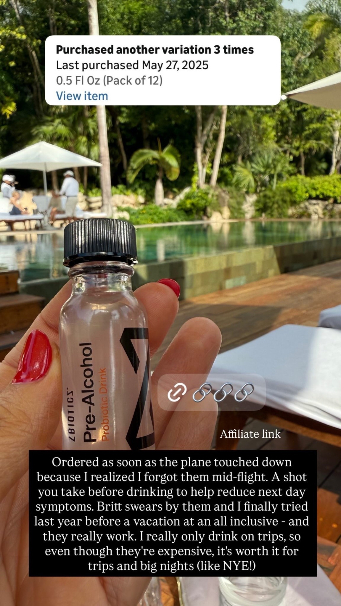 Affiliate link  Ordered as soon as the plane touched down because I realized I forgot them mid-flight. A shot you take before drinking to help reduce next day symptoms. Britt swears by them and I finally tried last year before a vacation at an all inclusive - and they really work. I really only drink on trips, so even though they're expensive, it's worth it for trips and big nights (like NYE!)

#LTKselfcare #LTKGiftGuide #LTKmomlife
