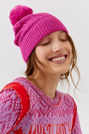 Demi Cable Knit Pom Beanie | Urban Outfitters (US and RoW)