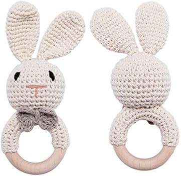 Wooden Baby Rattle Lovely Crochet Bunny Ring Rattle Baby Toys,Beige Bunny | Amazon (US)