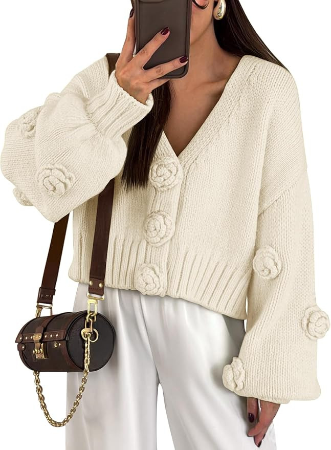 LILLUSORY Women Chunky Cropped Cardigan Sweater Fall Oversized V Neck Clothes Y2K Cozy Puff Sleev... | Amazon (US)