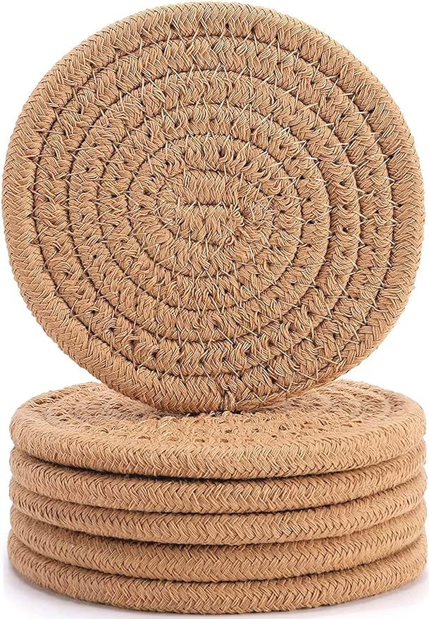 6Pcs Coasters for Drinks, ABenkle Stylish Handmade Braided Woven Drink Coasters (4.3inch), 100% C... | Amazon (US)