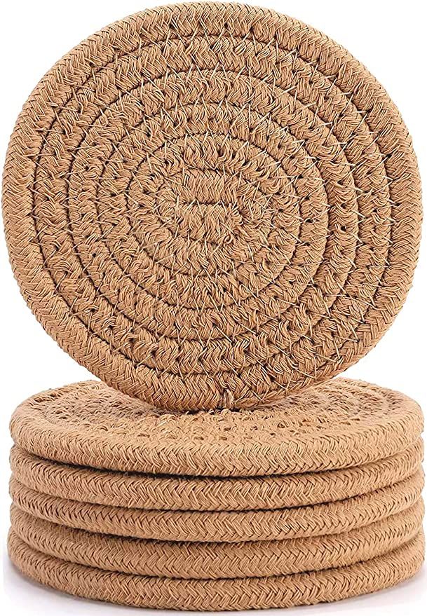 6Pcs Coasters for Drinks, ABenkle Stylish Handmade Braided Woven Drink Coasters (4.3inch), 100% C... | Amazon (US)