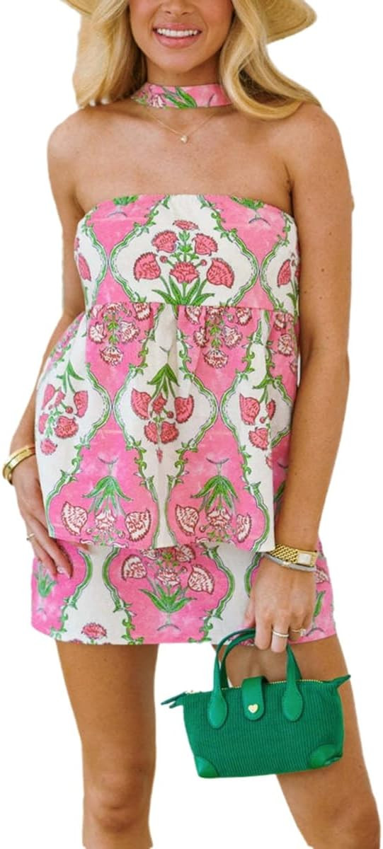 Wuitrie Women Two Piece Mini Skirt Set with Scarf Cute Floral Tube Crop Tops High Waisted Mini Sk... | Amazon (US)