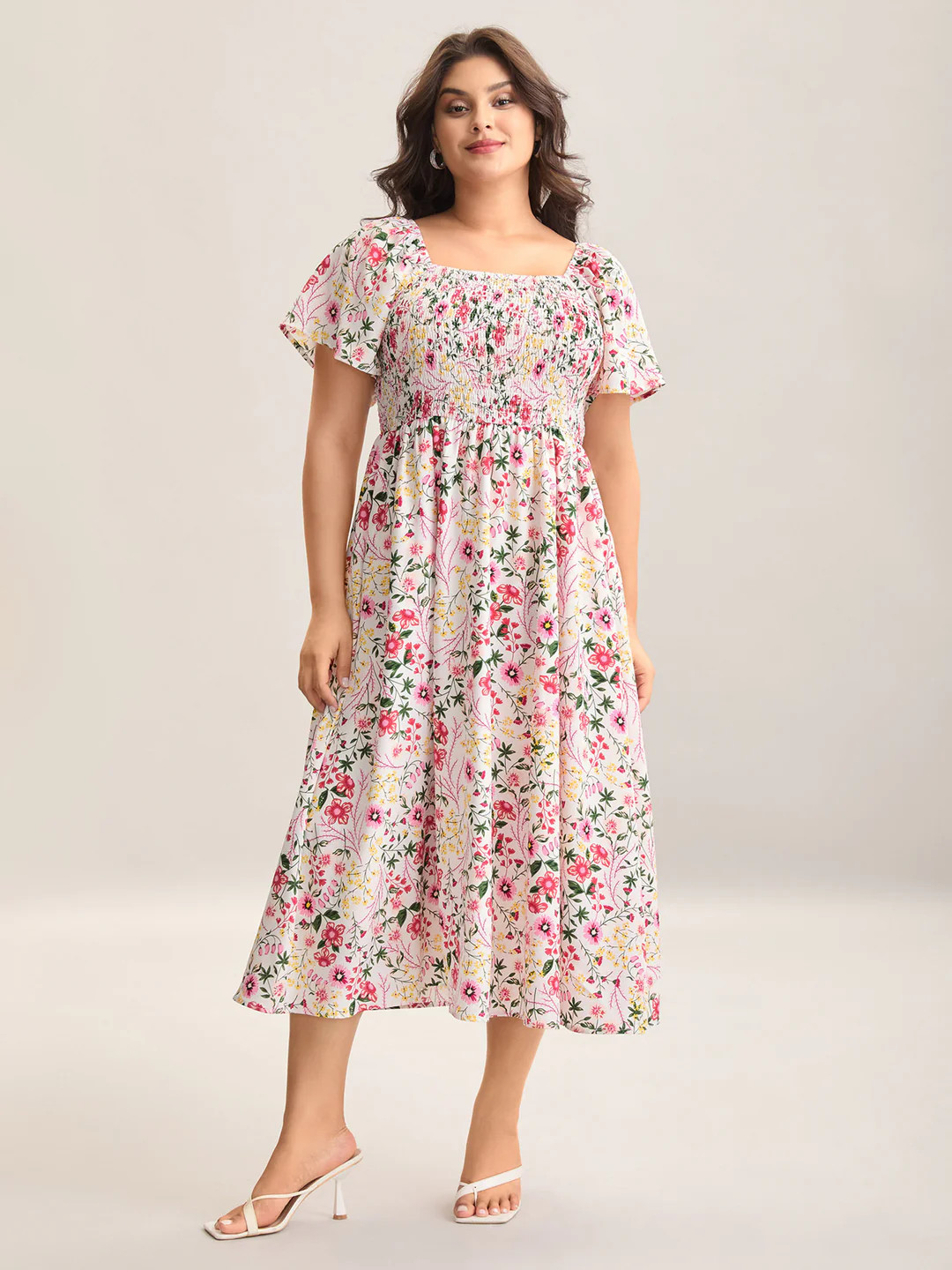 Floral Shirred Square Neck Pocket Midi Dress | Bloomchic