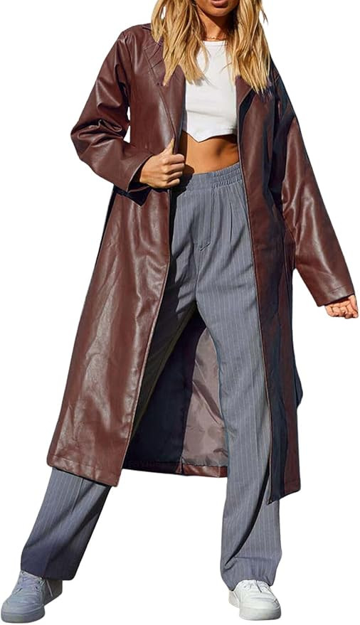 loveimgs Women's Button Down Lapel PU Leather Trench Coat Trendy Full Length Long Sleeve Faux Lea... | Amazon (US)
