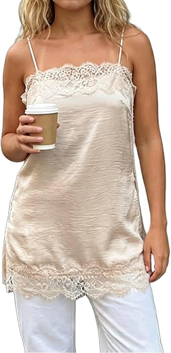 Women Silk Lace Trim Cami Tops Y2k Spaghetti Strap Silky Slip Dress Y2k Backless Going Out Camiso... | Amazon (US)