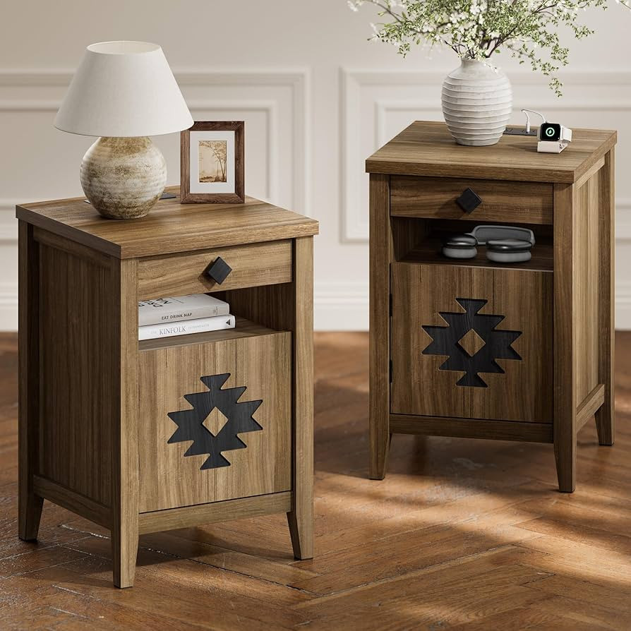 Night Stand Set of 2 with Charging Station and Drawers for Small Space,Wood Nightstand with Stora... | Amazon (US)
