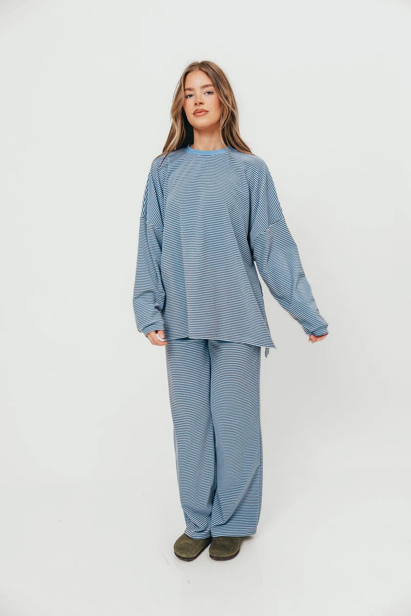 Naomi Mini Stripe Fleece Oversized Long Sleeve Top in Blue/Brown - Bum | Worth Collective