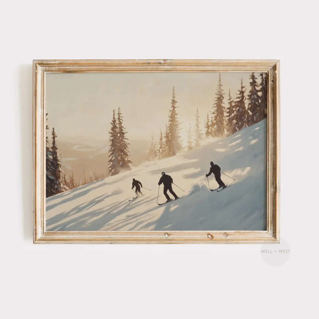 Winter Skiing Print | Winter Sunset Landscape | Cozy Ski Cabin Decor | Neutral Christmas Art | Vi... | Etsy (US)