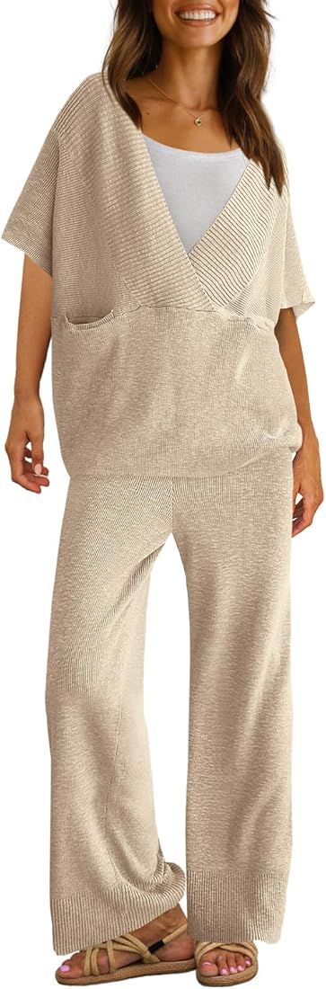 Womens Two Piece Outfits V Neck Sweater Sets Pullover Tops and High Waisted Pants Tracksuit Loung... | Amazon (US)
