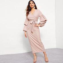 Surplice Neck Lantern Sleeve Split Back Hijab Dress | SHEIN