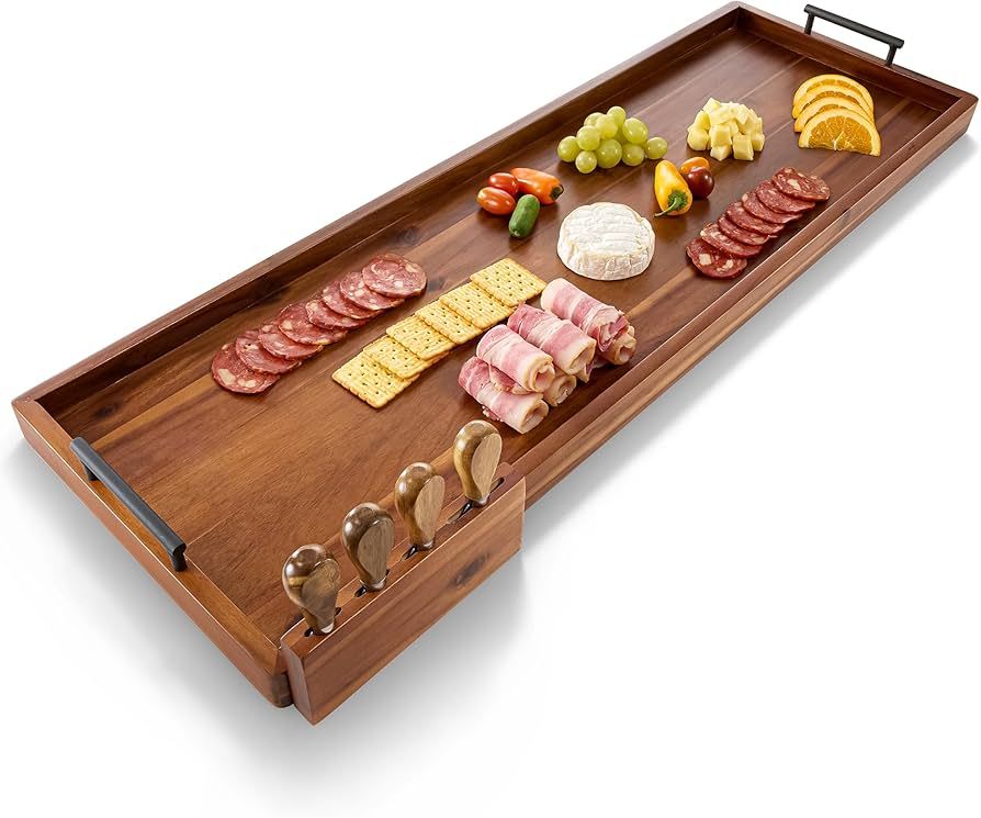 36" Large Charcuterie Tray with Handles & 4 Knives Set - Extra Long Wooden Serving Cheese Boards ... | Amazon (US)