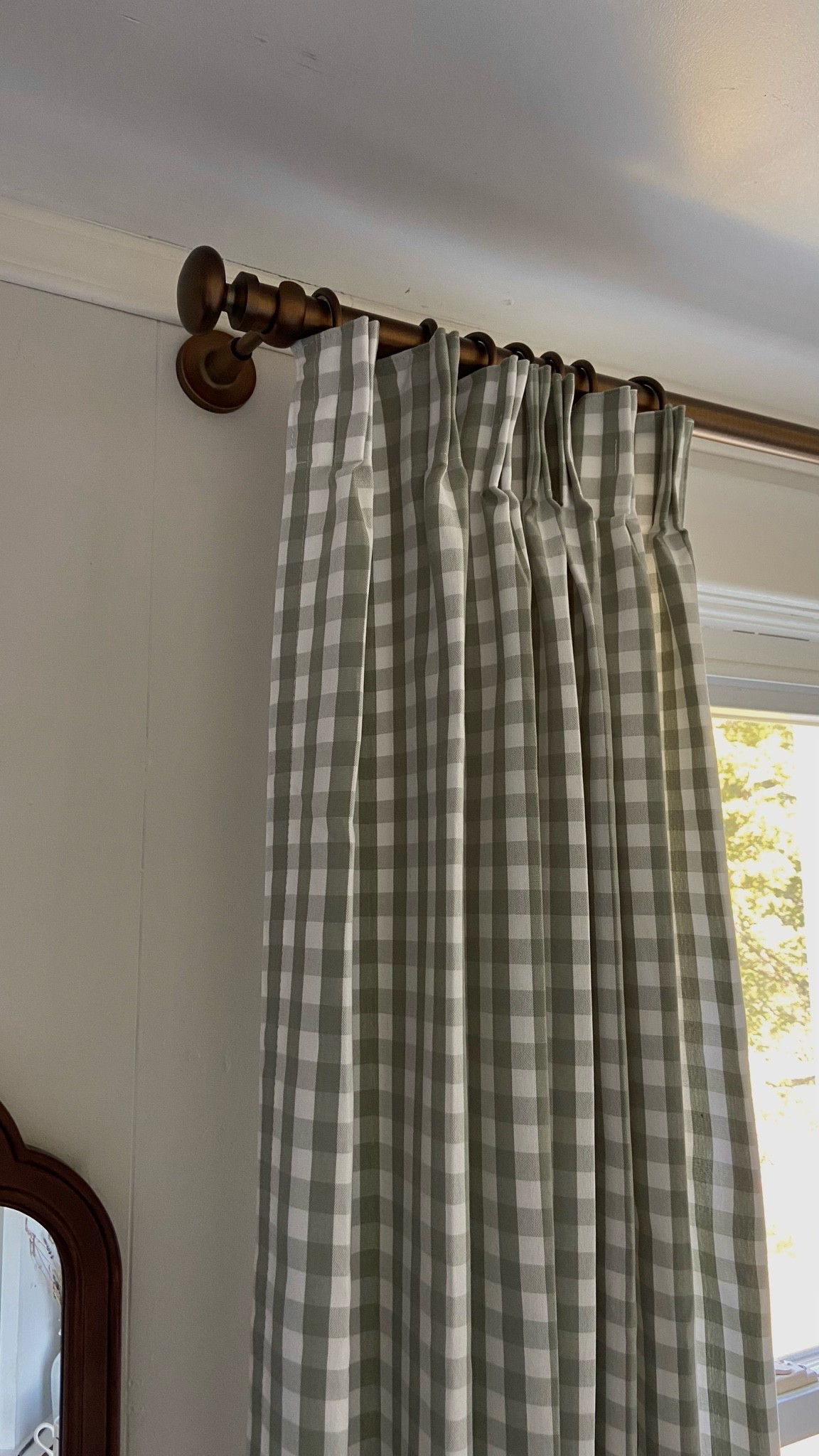 Curtain rod and curtain details. Rod color is dark bronze, fabric color is light green small plaid with a French Pleat header. CREEKLINEHOUSE for 24% off.

#LTKhome #LTKfall