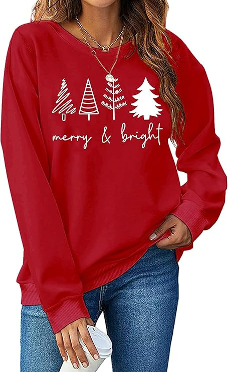 Christmas Sweatshirts Women: Merry and Bright Shirts Christmas Tree Graphic Long Sleeve Shirt Xma... | Amazon (US)