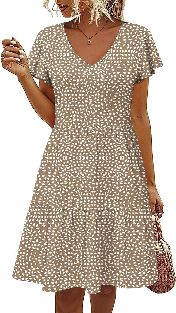 HOTOUCH Women's Casual Tiered Dress with Pockets V Neck Ruffle Dress Cap Sleeve Swing Mini Dress ... | Amazon (US)