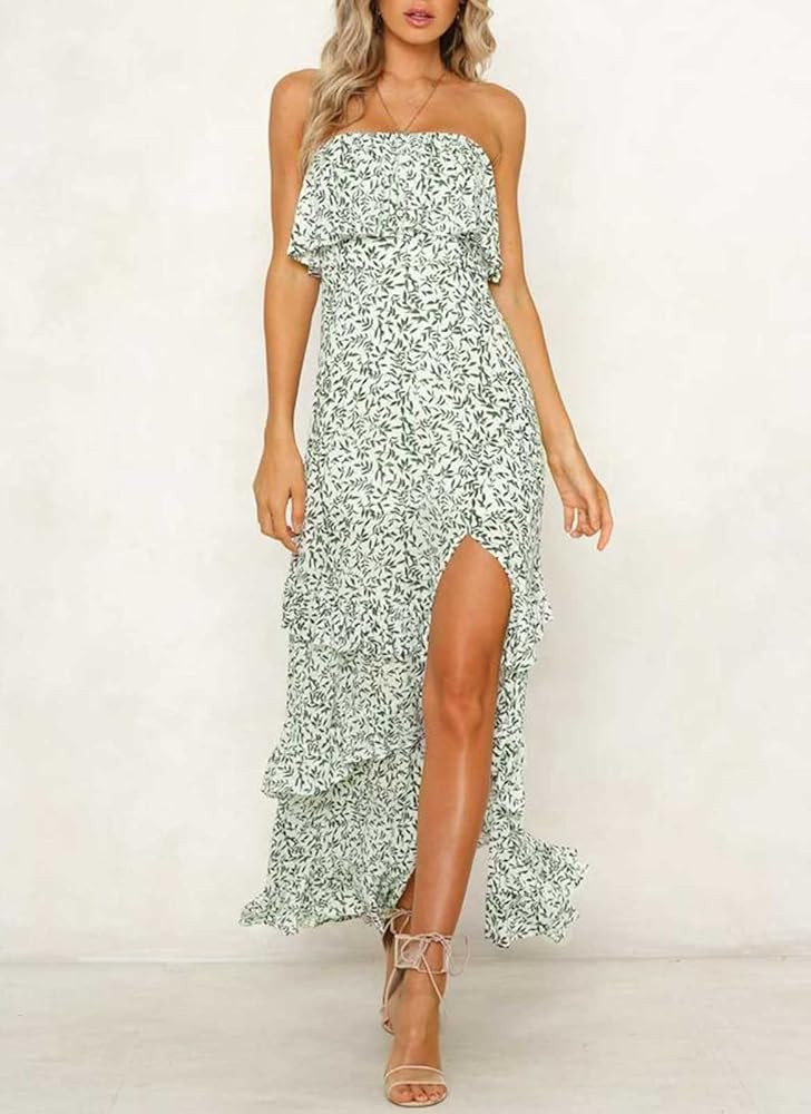 YORGOS Women's Summer Bohemia Floral Strapless Long Maxi Dress Ruffles Side Slit with Belt | Amazon (US)